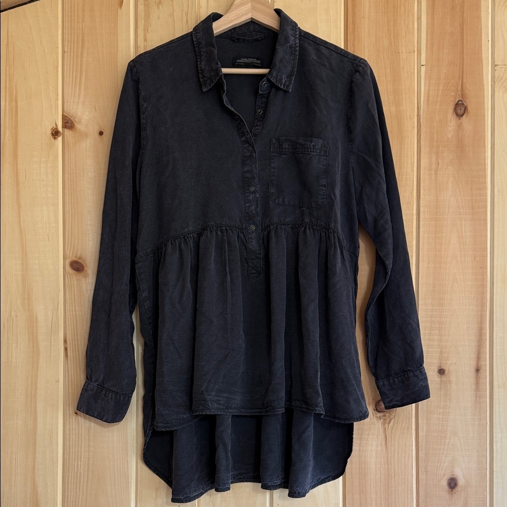 Zara Woman Premium Denim Collection Snap Button Black Tunic Top